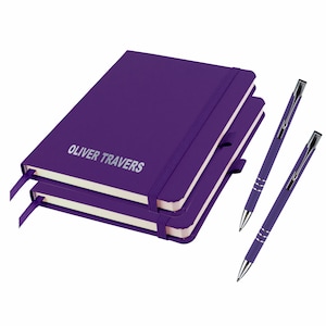 2 x Mini A6 Personalised Pocket Size Notebooks and matching Pen - Twin Pack - PURPLE (plus other colours) By That&#39;s My Pencil