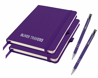 2 x Mini A6 Personalised Pocket Size Notebooks and matching Pen - Twin Pack - PURPLE (plus other colours) By That's My Pencil