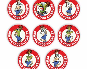 Badge per pin di allergia, patch di allarme e adesivi - Attenzione alle allergie alimentari - Disegni divertenti ma ottieni il messaggio importante delle allergie alimentari