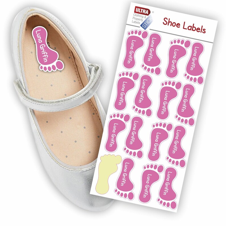 UltraStick Shoe Nametapes Foot Shape personalised with name, easy to stick inside shoes, plimsolls, trainers, ballet shoes etc. Purple image 3