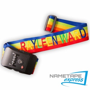 May include: A rainbow luggage strap with a combination lock and the name "RAYLEEN WARD" embroidered in colorful letters. The strap is made by Nametape Express.