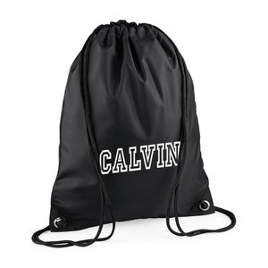 May include: Black drawstring backpack with the name "CALVIN" printed in white block letters. The bag has black drawstrings and metal eyelets. The bag is made of a smooth, possibly nylon, material.