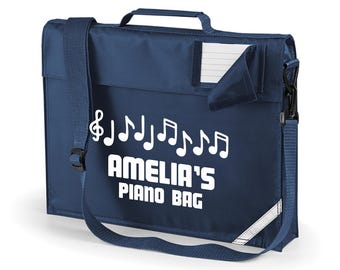 Personalised Music/Piano bag / Book Bag Shoulder Strap Printed with Name, Personalized bags are perfect keeping your notes safe - v2 Navy