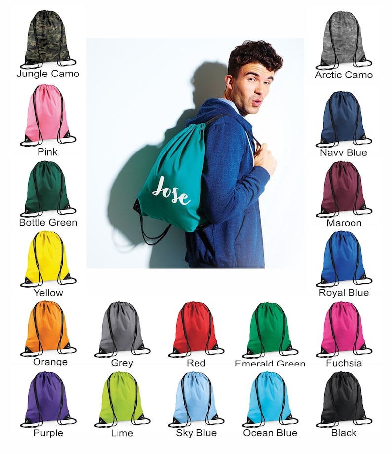 May include: Collection of drawstring backpacks in various colors, including jungle camo, pink, bottle green, yellow, orange, grey, red, emerald green, fuchsia, purple, lime, sky blue, ocean blue, and black. A teal backpack with the name "Jose" is shown.