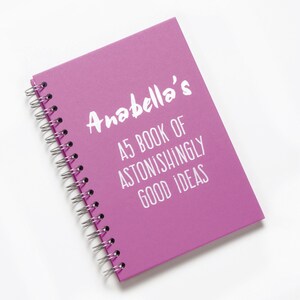 May include: A pink spiral bound notebook with the text "Anabella's A5 Book of Astonishingly Good Ideas" printed in white.
