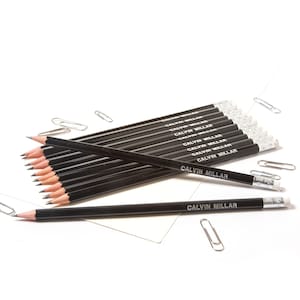 12 High Quality Personalised Pencils Printed with Name Mid Grey plus other colours Piano Black