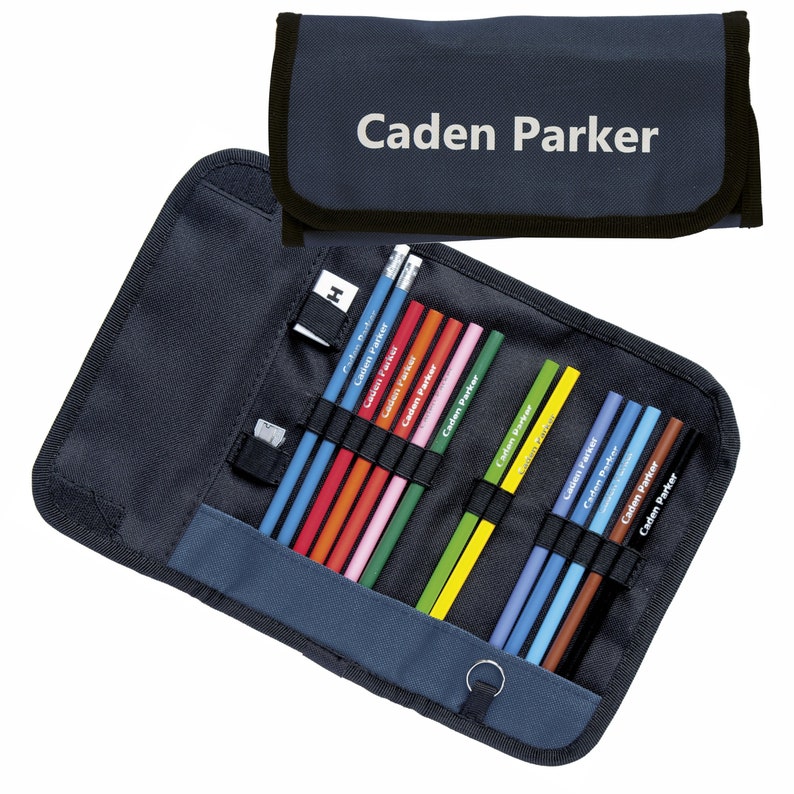 Colouring Pencils and HB Pencils in a Wrap Case Personalized with Name Navy Blue image 1