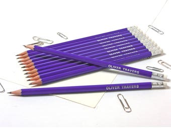 12 High Quality Personalised Pencils -Printed with Name - BRIGHT PURPLE (plus other colours)