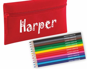 Zip Pencil Case with name and Colouring Pencils embossed with name - Red Pencil Case + Printed Pencils