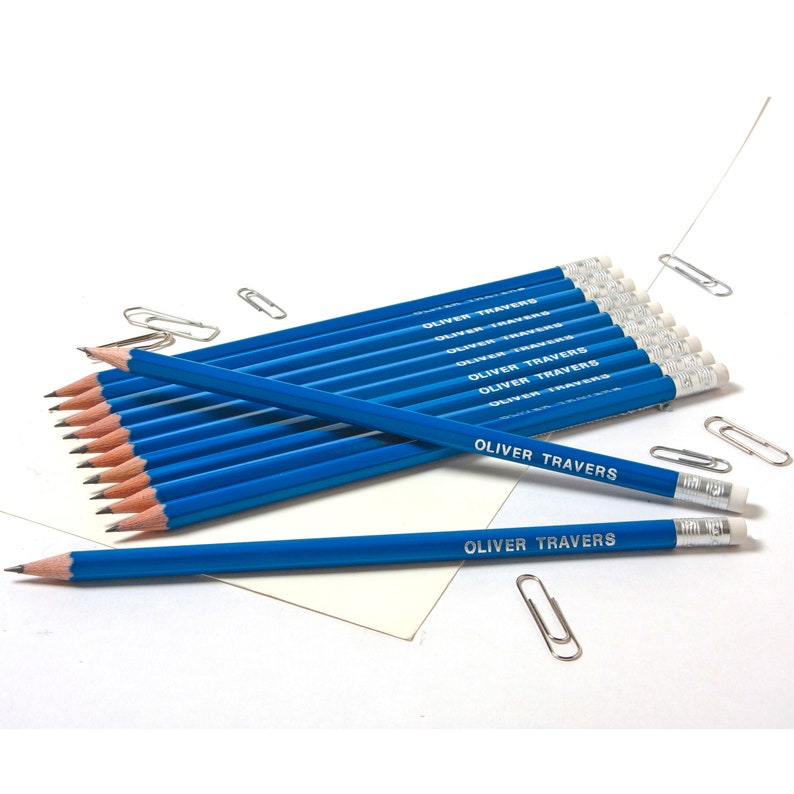 12 High Quality Personalised Pencils Printed with Name Glacier White or see other colours listed French Navy