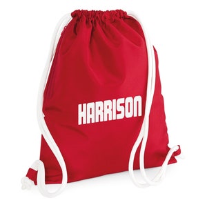 Premium Draw-String Bag Personalized / Printed with Name - Backpack Gymsac pump/swim bag with chunky draw strings - Red
