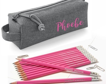 Personalised Block Style Pencil Case with 12 matching Personalized HB Pencils with Erasers - Printed in UK by 'That's My Pencil' - Pink