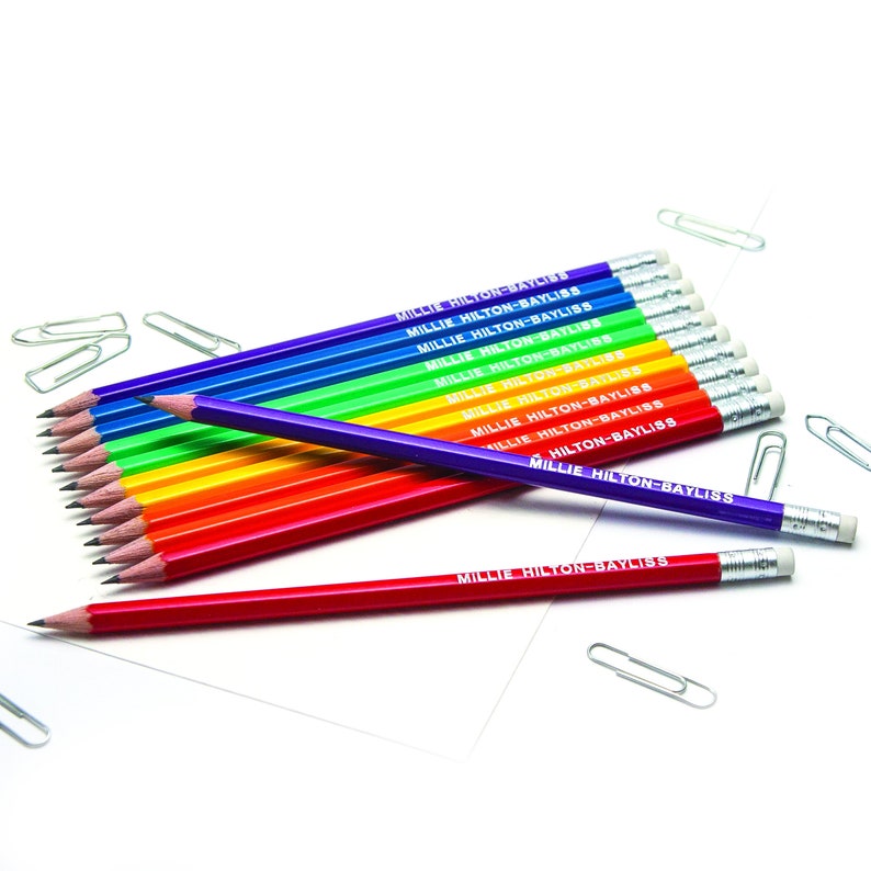 12 High Quality Personalised HB Pencils 12 Pencils with erasers printed with name Pink or see other colours listed Rainbow Mix