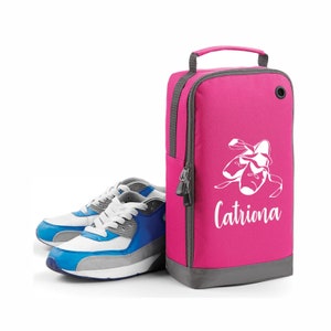 Chaussures/sac à chaussures/sport personnalisés imprimés avec le nom gris pour une utilisation à l'école ou en club - rose fuchsia