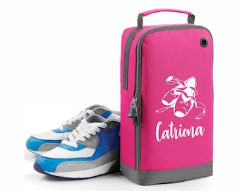 Bolsa personalizada para sapatos/botas/artigos esportivos com nome impresso, cinza, para uso escolar ou em clubes - Rosa fúcsia