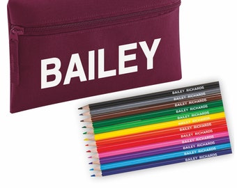 Zip Pencil Case with name and Colouring Pencils embossed with name - Maroon Pencil Case + Printed Pencils