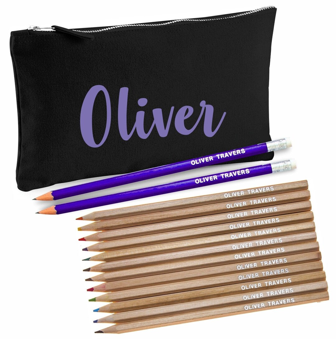 Black Personalised Canvas Pencil Case With 12 Colouring Pencils and 2 ...