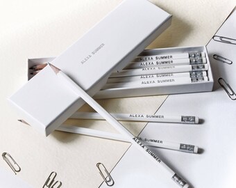 12 High Quality Personalised Pencils in a Box -Printed with Name - GLACIER WHITE (plus other colours)