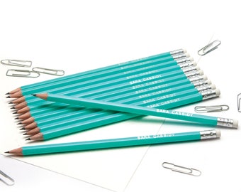 12 hochwertige personalisierte Bleistifte mit Radiergummi - bedruckt mit Namen - personalisierter Aquamarin (plus andere Farben)