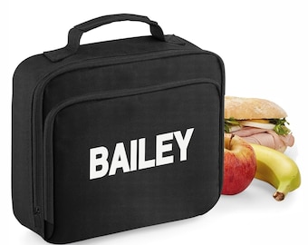 Insulated Lunch Cooler Bag Printed with Name - Great for School or Work - Black