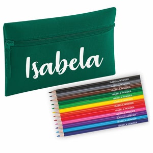 May include: A green pencil case with the name "Isabela" in white script. Next to it is a set of colored pencils, each labeled "ISABELA HOWDER". The pencils are arranged in a rainbow spectrum, offering a variety of colors for drawing and coloring.