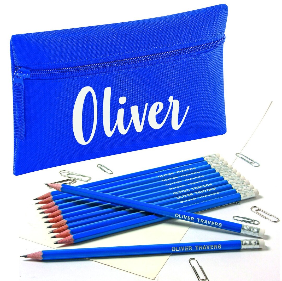 Zip Pencil Case With Name and 12 Embossed HB Eraser Tipped Pencils ...