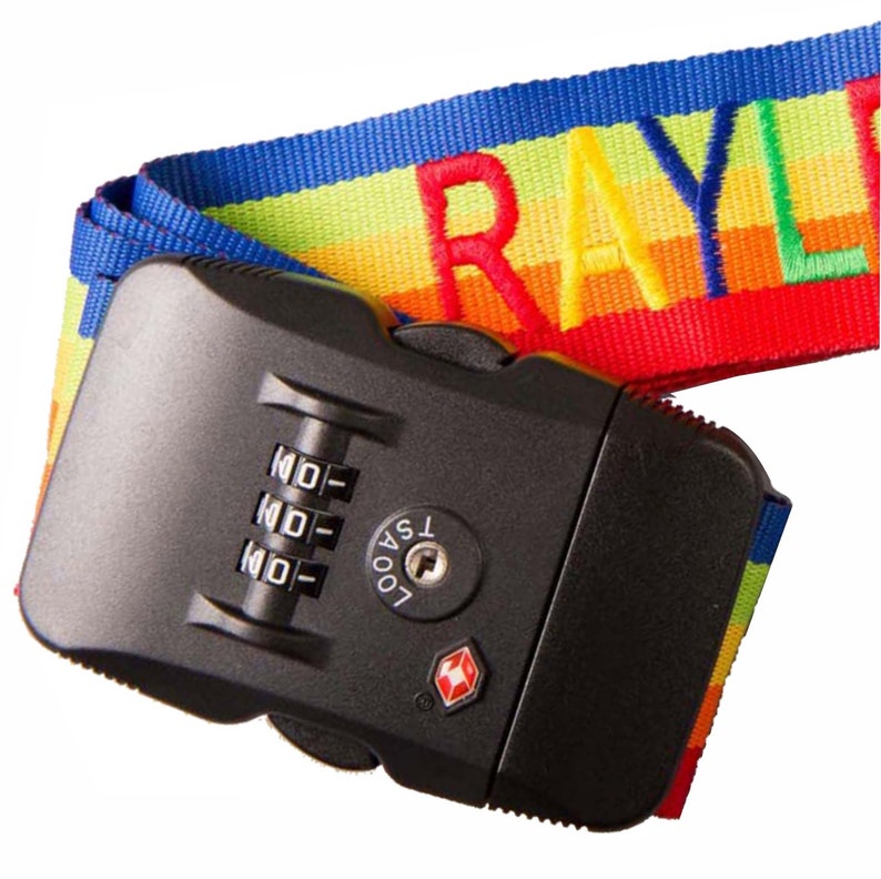 Embroidered Luggage / Suitcase Strap Personalised with Name,TSA lockable Rainbow Plus Other Colours Keep your case safe with the 1.8m belt image 6