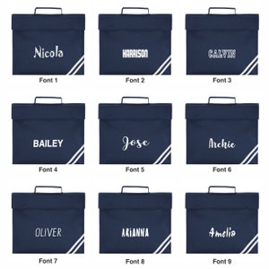 Personalised Bookbag Printed with Name, these Personalized book bags are perfect for School Navy Blue imagem 3