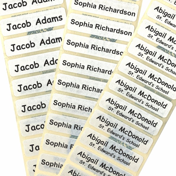 Name Tapes/Labels IRON-ON Black, Red or Blue Print on White Name Tags great for School Uniform  Pre-Cut Soft satin fabric