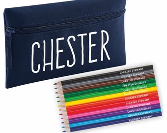 Zip Pencil Case with name and Colouring Pencils embossed with name - Navy Blue Pencil Case + Printed Pencils