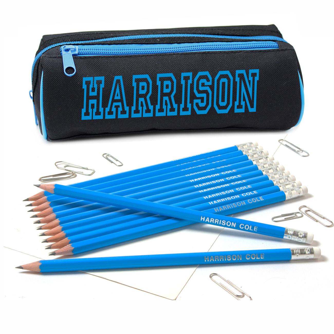 Personalised Double Zip Pencil Case with 12 matching Personalized HB Pencils with Erasers - Printed in UK by 'That's My Pencil' - Ocean