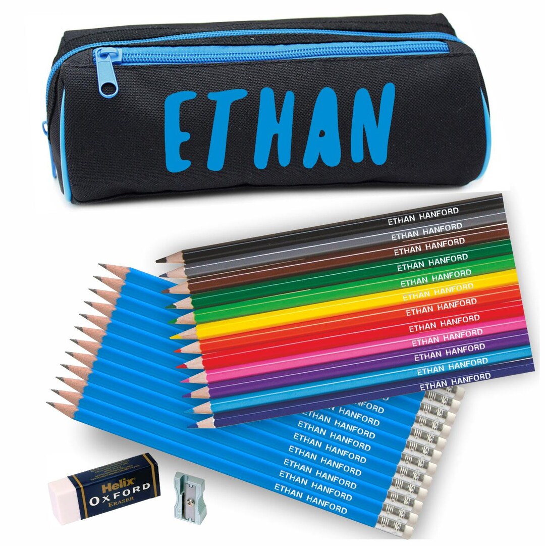 Personalised Double Zip Pencil Case With 12 Matching Personalized HB ...