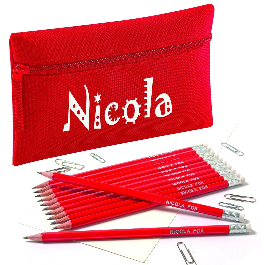 Zip Pencil Case With Name and 12 Embossed HB Eraser Tipped Pencils ...