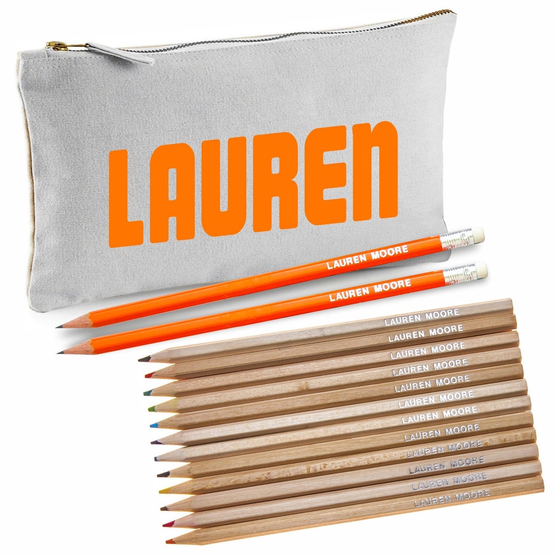Grey Personalised Canvas Pencil Case With 12 Colouring Pencils and 2 ...