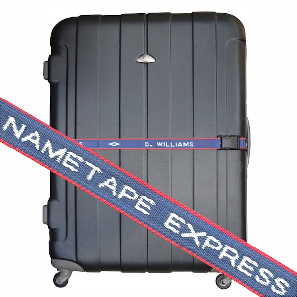 Personalized Luggage / Case Straps with woven name, high quality woven webbing choice of BLUE or RED Premium Quality British Made