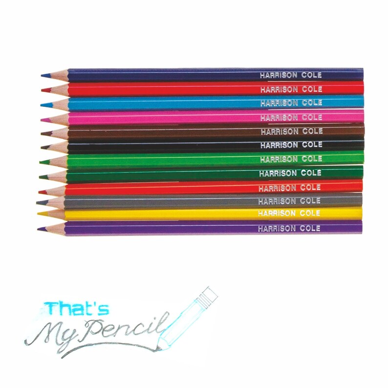 May include: A set of 12 coloured pencils with the text "HARRISON COLE" printed on each pencil. The pencils are arranged in a row, with the tips facing the viewer. The pencils are in the following colours: purple, yellow, grey, red, green, dark green, brown, pink, blue, red, and purple.