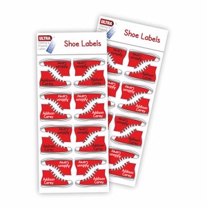UltraStick Shoe Nametapes personalized with name These tapes are easy to stick inside shoes, sneakers trainers, ballet shoes etc. - RED