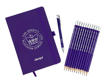 The Queen's Platinum Jubilee 2022 Personalised  Notebook and 12 Matching Pencils - Notebook printed with official emblem