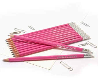 12 High Quality Personalised HB Pencils -12 Pencils with erasers printed with name - Pink  (or see other colours listed)