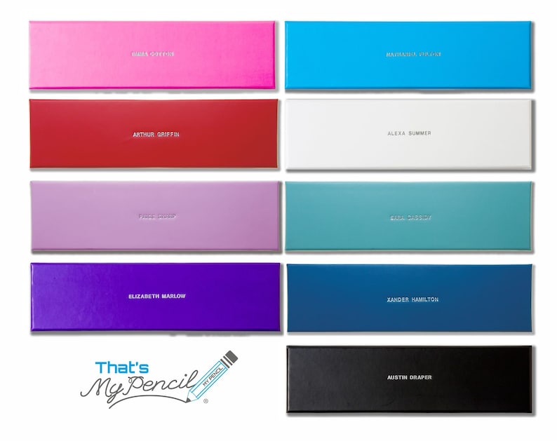 May include: A set of ten colorful boxes with names printed on them. The boxes are arranged in two rows of five. The boxes are all the same size and shape. The boxes are made of a smooth, glossy material. The names on the boxes are: Mia Greene,  Arthur Griffin,  Freda Snow,  Elizabeth Marlow,  Austin Draper,  Machada Vivant,  Alexa Summer,  Erin Cassidy,  Zander Hamilton,  and That's My Pencil.