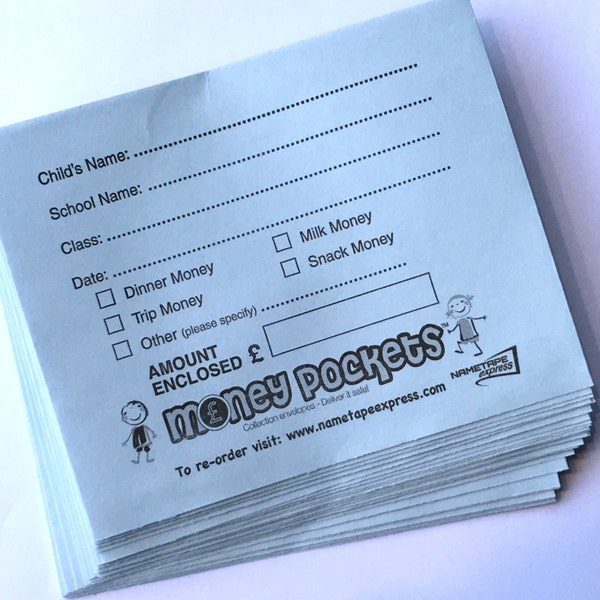 School Money Envelopes perfect for sending money into school for Dinner Money, Trip Money, Milk Money, Clubs, donations etc