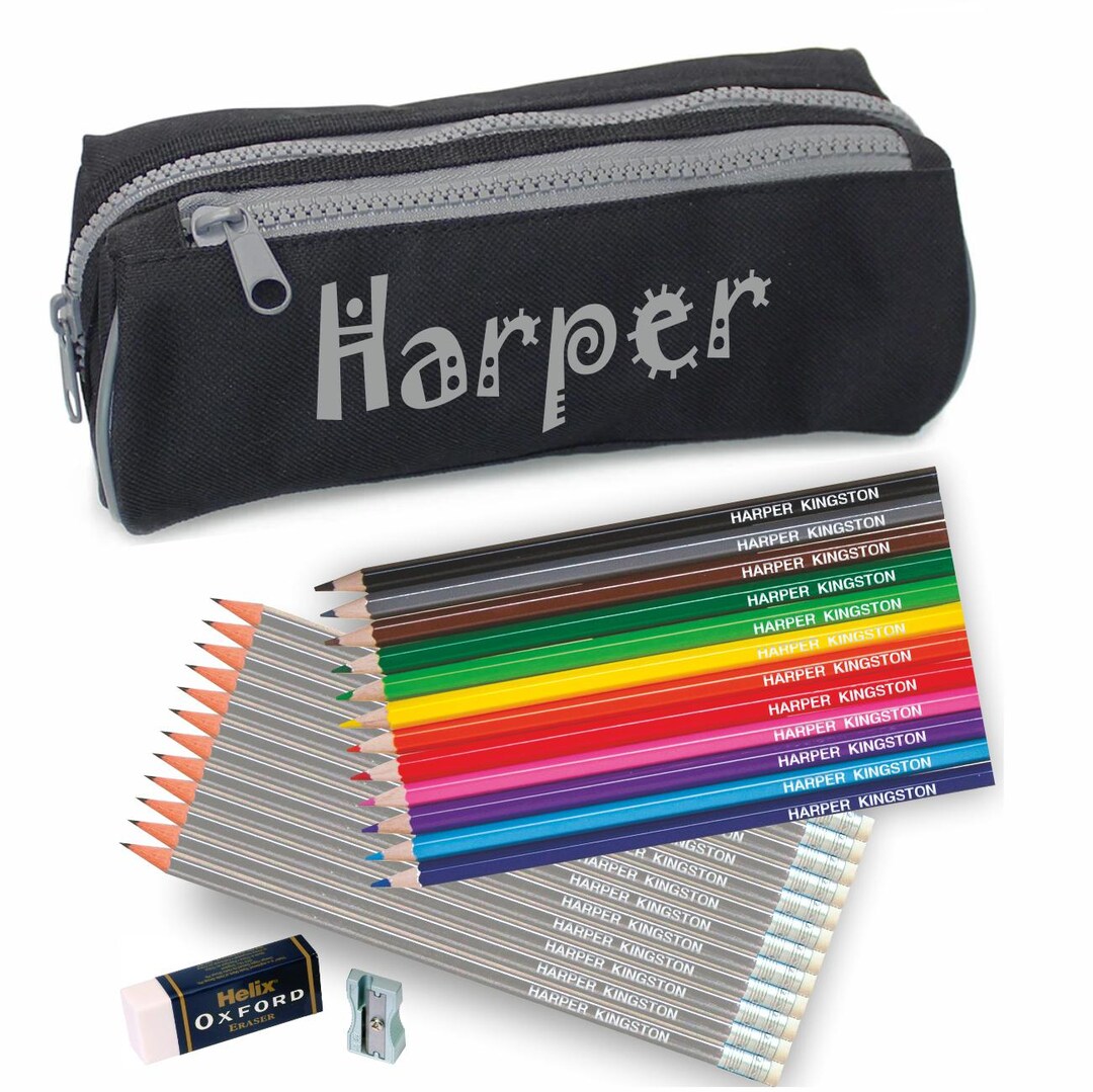 Personalised Double Zip Pencil Case With 12 Matching Personalized HB ...