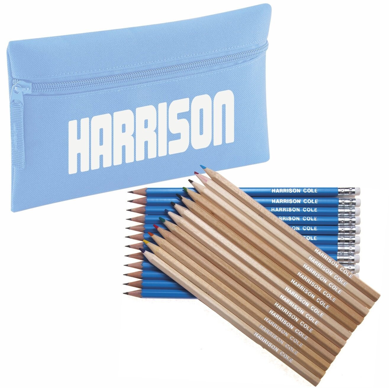 Zip Pencil Case with Name with 12 Embossed Colouring and 12  HB Eraser Tipped Pencils al Printed with Name - Sky Blue