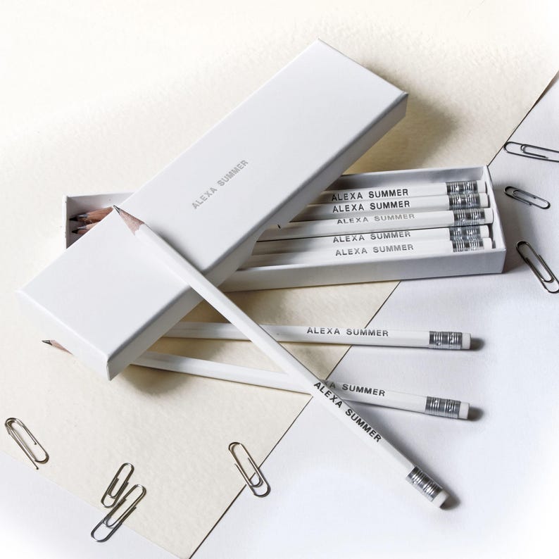 12 High Quality Personalised Pencils in a Box -Printed with Name - AQUAMARINE (plus other colours) New Colour Glacier White