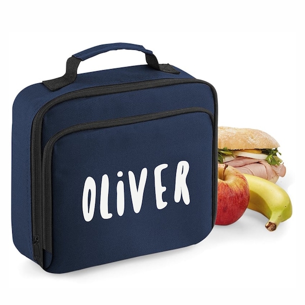 Insulated Lunch Cooler Bag Printed with Name - Great for School or Work - Navy Blue