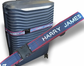 Personalized Luggage / Case Straps with woven name, high quality woven webbing choice of BLUE or RED Premium Quality British Made