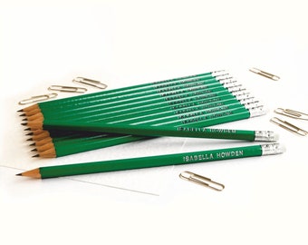 12 High Quality Personalised Pencils -Printed with Name - BOTTLE GREEN (plus other colours)