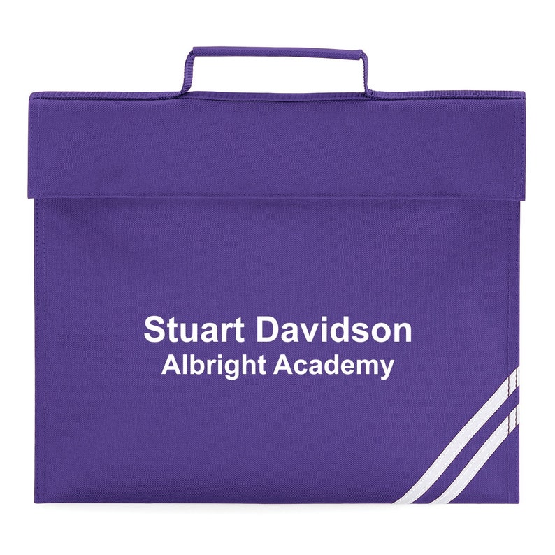 Personalised Bookbag Printed with Name, these Personalized book bags are perfect for School Navy Blue Purple