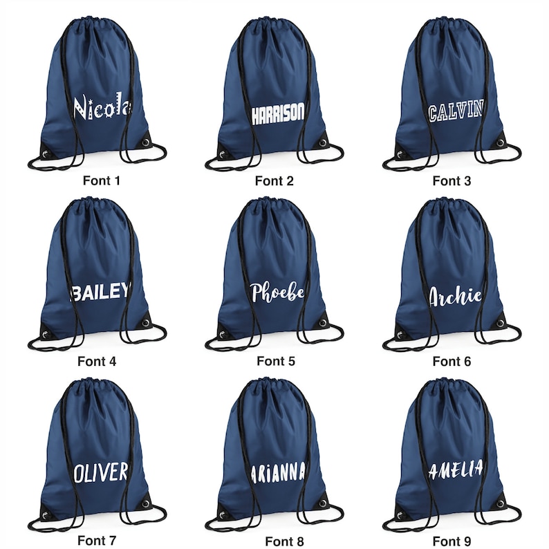 May include: Nine navy blue drawstring bags with white text. Each bag has a different name: Nicola, Harrison, Calvin, Bailey, Phoebe, Archie, Oliver, Arianna, and Amelia. The bags are arranged in three rows of three.