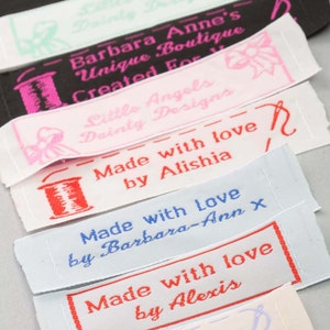 One Inch Wide Woven Garment Labels great for Small Business or Craft & Hobby - Up to 3 lines of text and choice of motifs